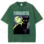 Unisex Midnight Haunt Cat Printed Washed Tee