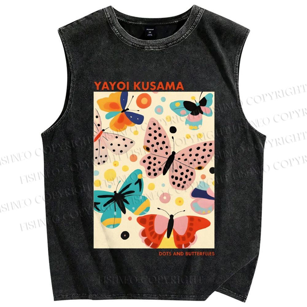 Unisex Yayoi Kusama Butterflies With Dots Printed Washed Tank Top