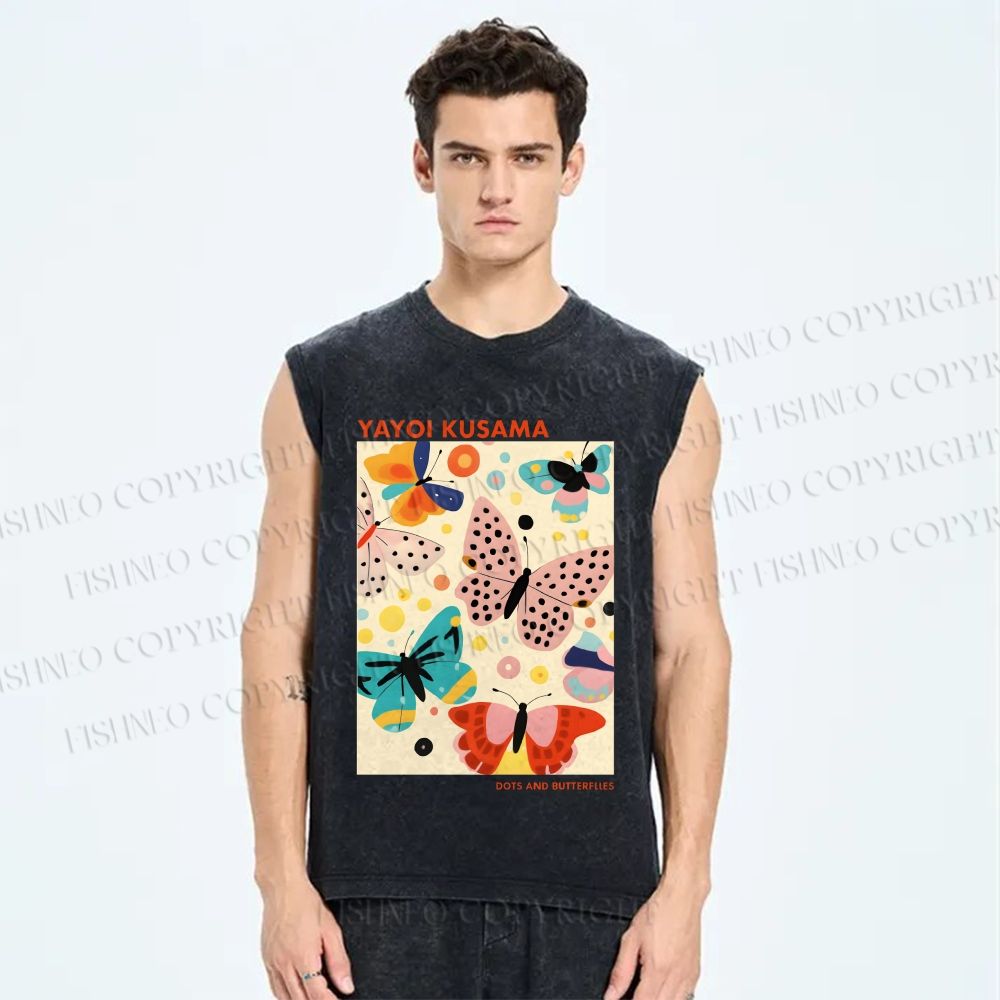 Unisex Yayoi Kusama Butterflies With Dots Printed Washed Tank Top