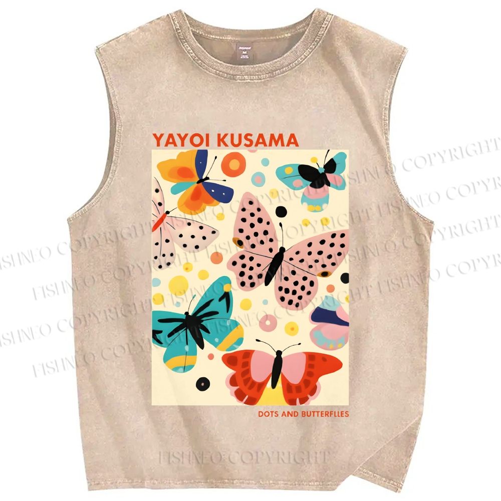 Unisex Yayoi Kusama Butterflies With Dots Printed Washed Tank Top