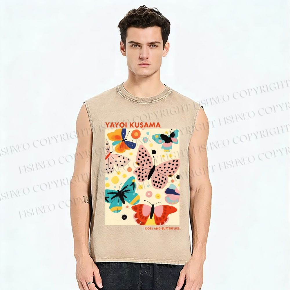 Unisex Yayoi Kusama Butterflies With Dots Printed Washed Tank Top