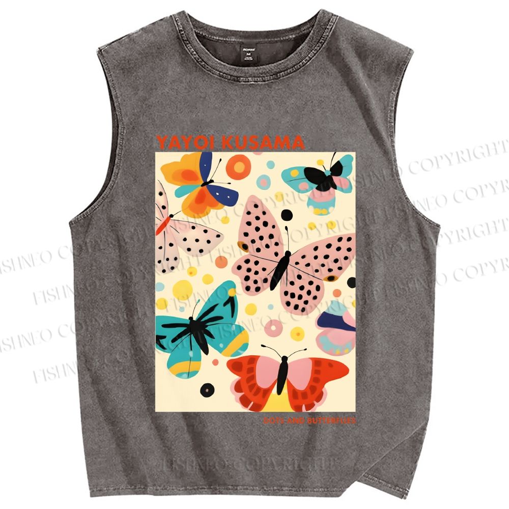 Unisex Yayoi Kusama Butterflies With Dots Printed Washed Tank Top