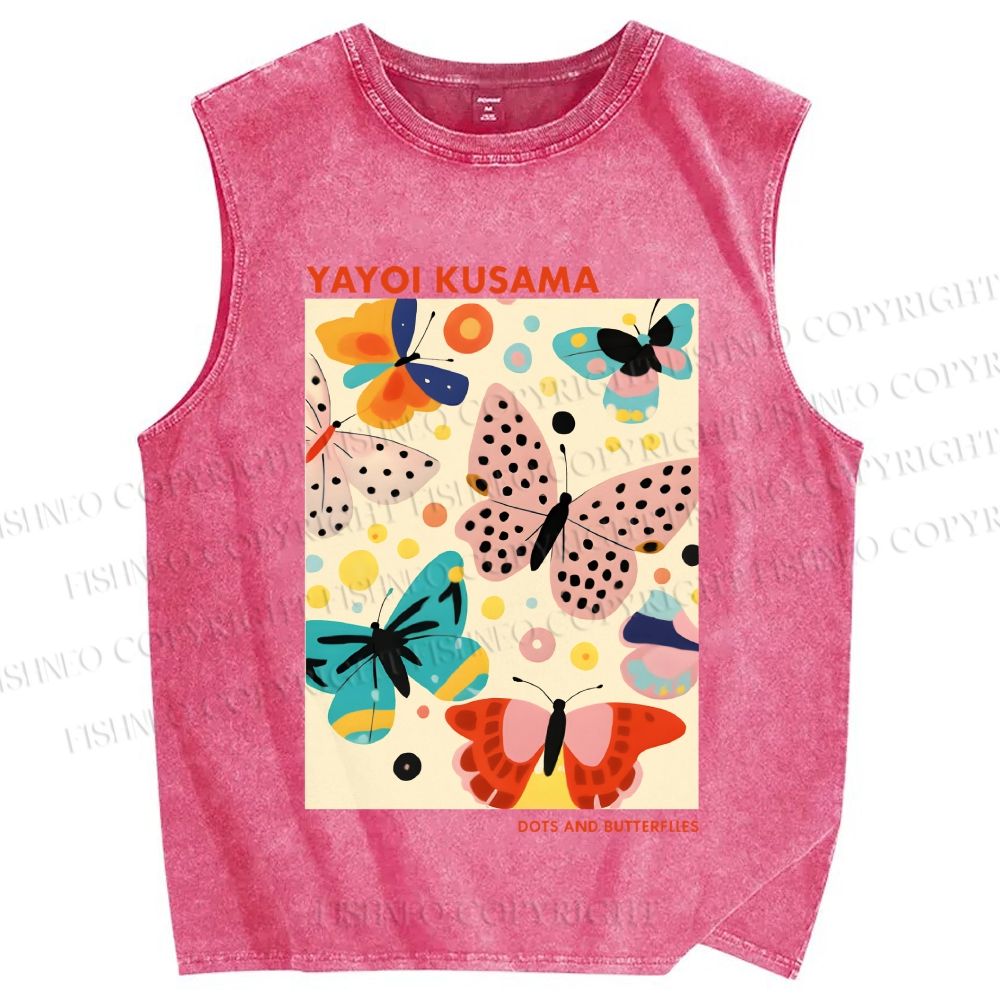 Unisex Yayoi Kusama Butterflies With Dots Printed Washed Tank Top