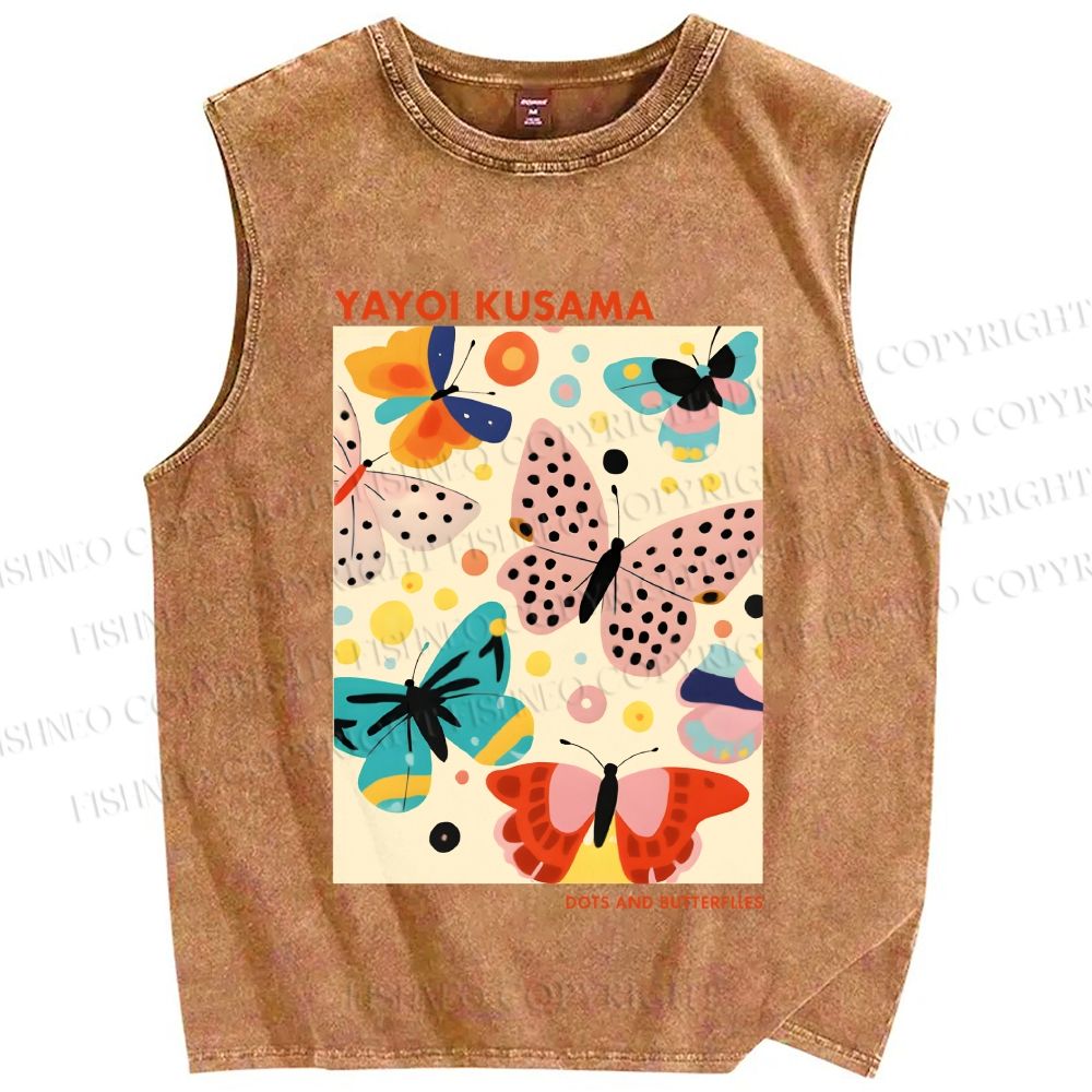 Unisex Yayoi Kusama Butterflies With Dots Printed Washed Tank Top