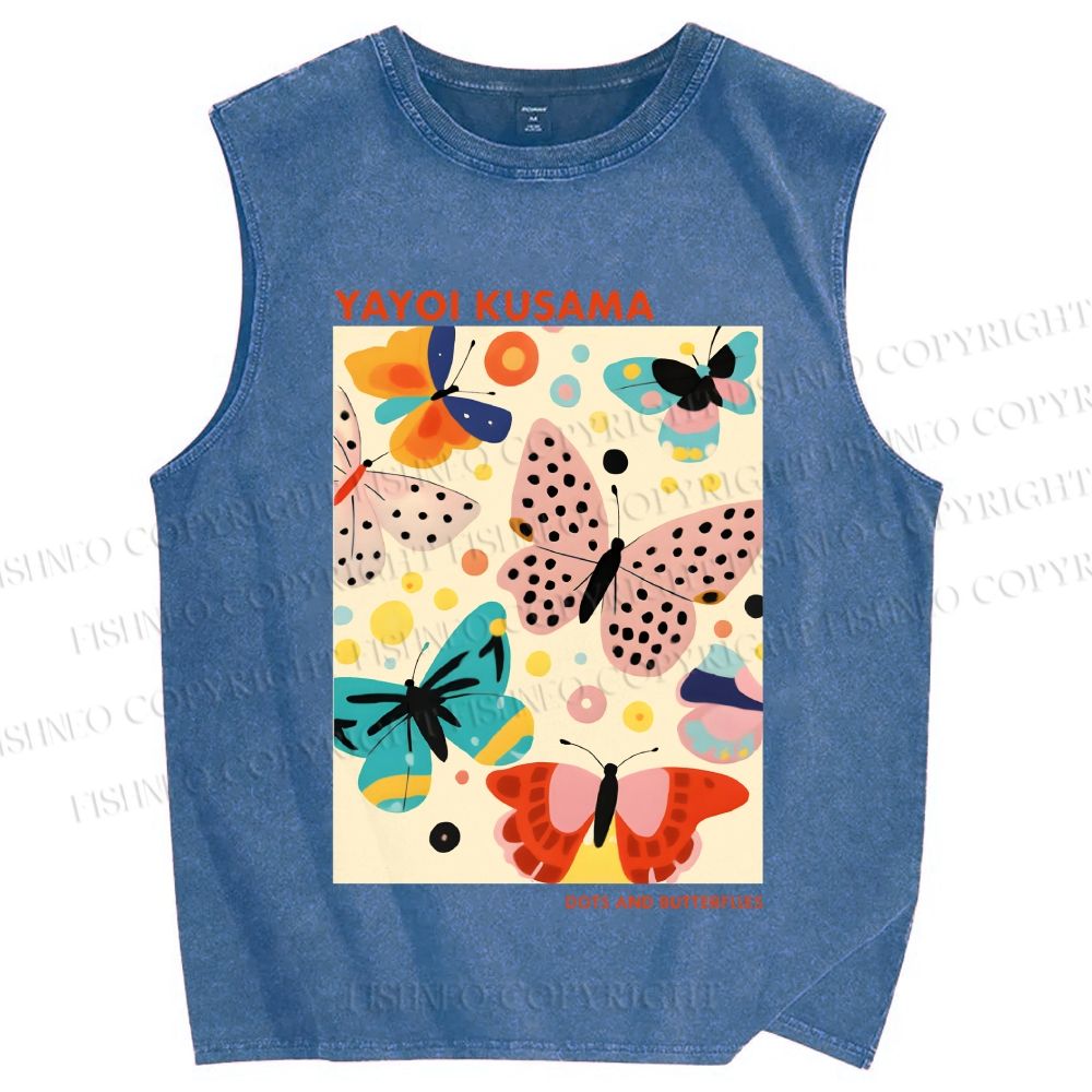 Unisex Yayoi Kusama Butterflies With Dots Printed Washed Tank Top