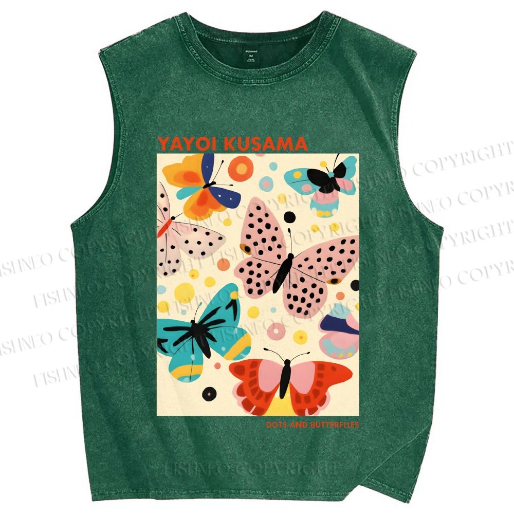 Unisex Yayoi Kusama Butterflies With Dots Printed Washed Tank Top