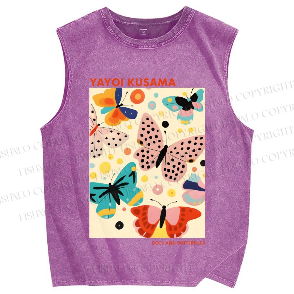 Unisex Yayoi Kusama Butterflies With Dots Printed Washed Tank Top