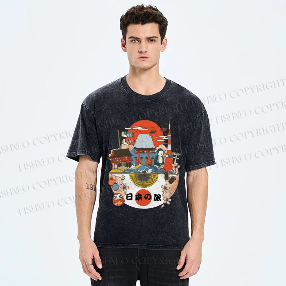 Unisex Japanese Graffiti Printed Washed Tee