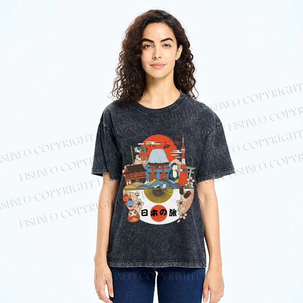 Unisex Japanese Graffiti Printed Washed Tee