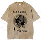 Unisex Shining Rabbit All the World Will Be Your Enemy Bunny Printed Washed Tee