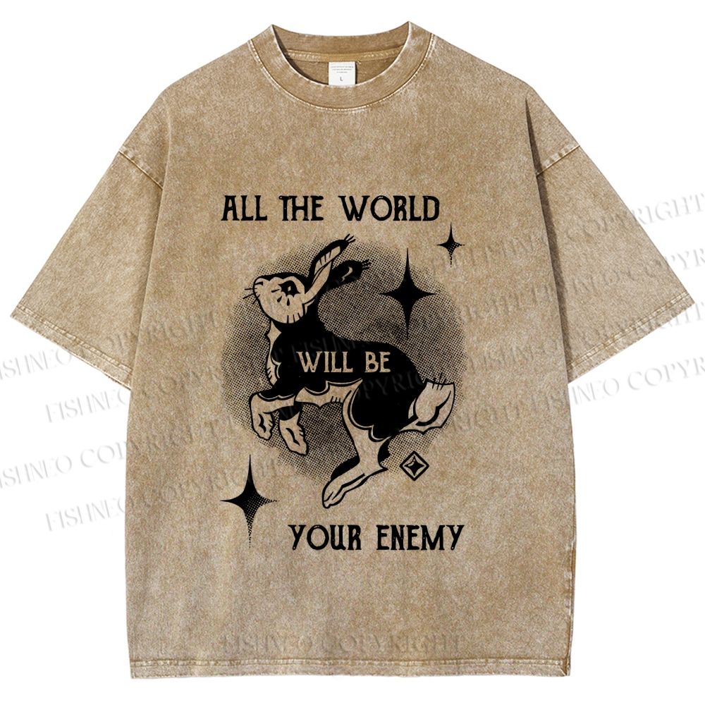 Unisex Shining Rabbit All the World Will Be Your Enemy Bunny Printed Washed Tee
