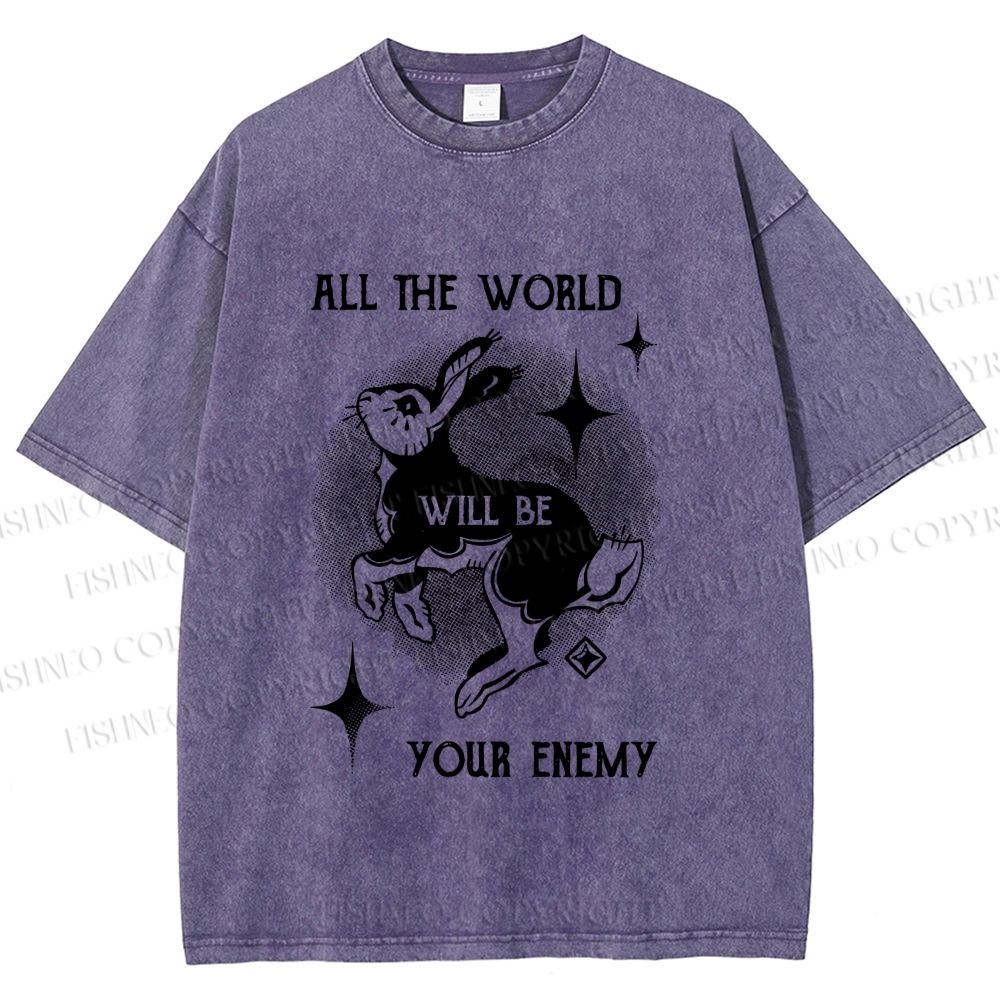 Unisex Shining Rabbit All the World Will Be Your Enemy Bunny Printed Washed Tee