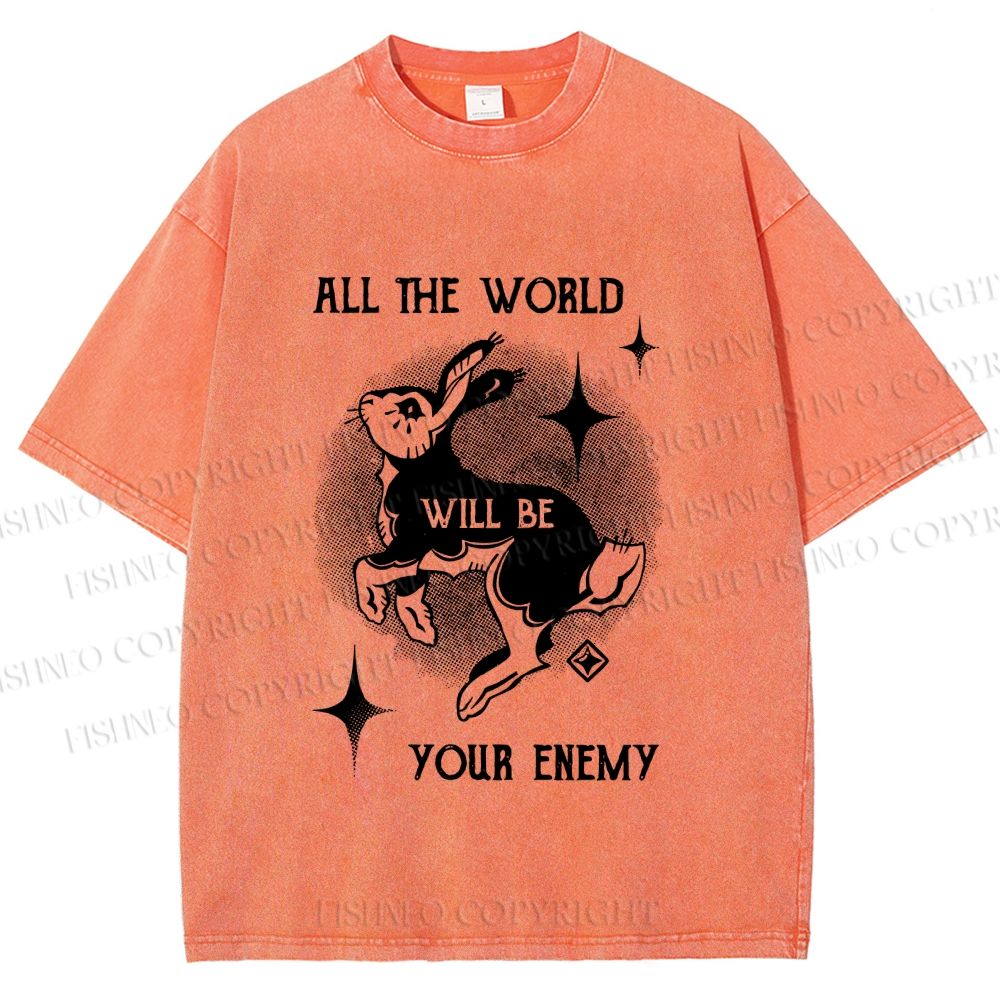 Unisex Shining Rabbit All the World Will Be Your Enemy Bunny Printed Washed Tee