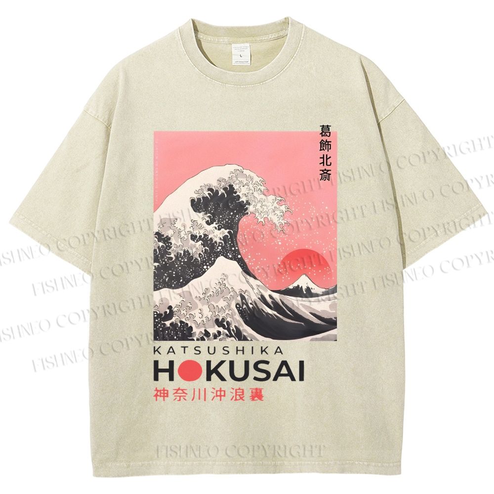 Unisex Katsushika Hokusai Japanese Ukiyo-e Wave Printed Washed Tee