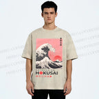 Unisex Katsushika Hokusai Japanese Ukiyo-e Wave Printed Washed Tee