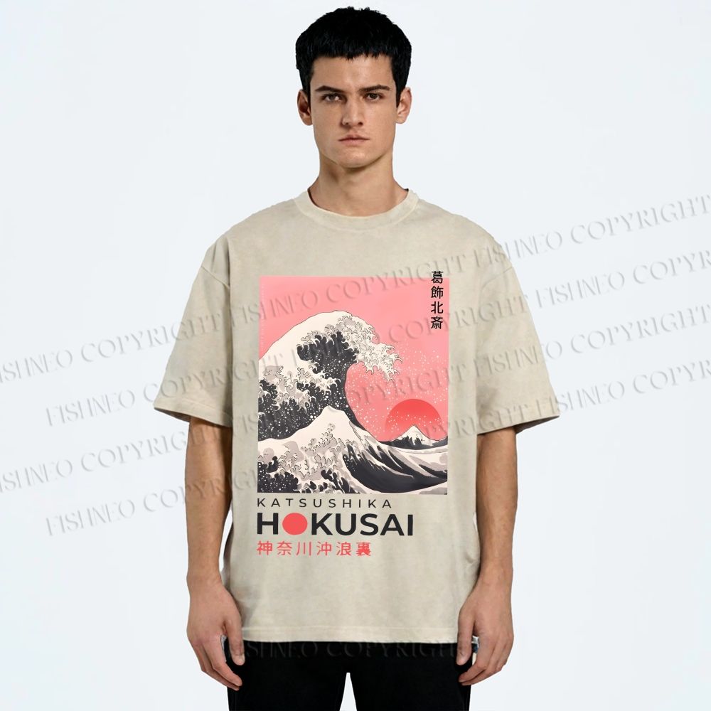 Unisex Katsushika Hokusai Japanese Ukiyo-e Wave Printed Washed Tee
