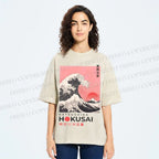 Unisex Katsushika Hokusai Japanese Ukiyo-e Wave Printed Washed Tee