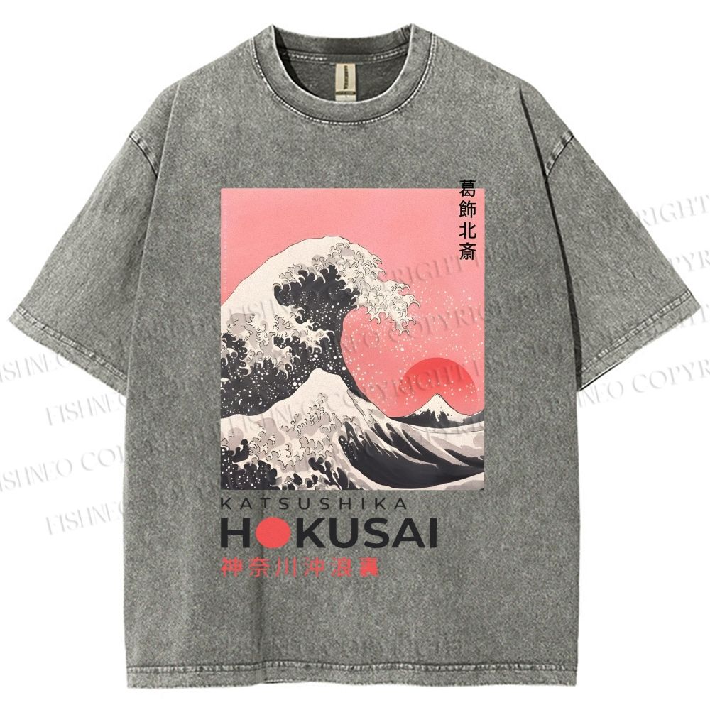 Unisex Katsushika Hokusai Japanese Ukiyo-e Wave Printed Washed Tee