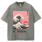 Unisex Katsushika Hokusai Japanese Ukiyo-e Wave Printed Washed Tee