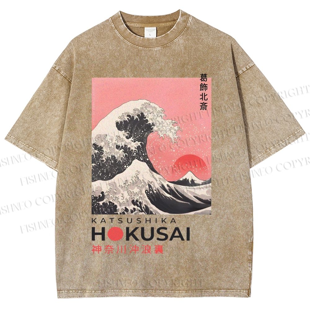 Unisex Katsushika Hokusai Japanese Ukiyo-e Wave Printed Washed Tee