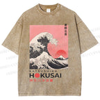 Unisex Katsushika Hokusai Japanese Ukiyo-e Wave Printed Washed Tee
