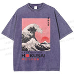 Unisex Katsushika Hokusai Japanese Ukiyo-e Wave Printed Washed Tee
