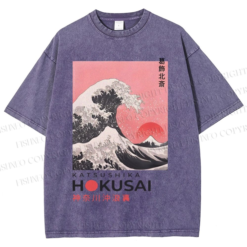 Unisex Katsushika Hokusai Japanese Ukiyo-e Wave Printed Washed Tee