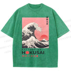 Unisex Katsushika Hokusai Japanese Ukiyo-e Wave Printed Washed Tee
