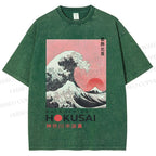 Unisex Katsushika Hokusai Japanese Ukiyo-e Wave Printed Washed Tee