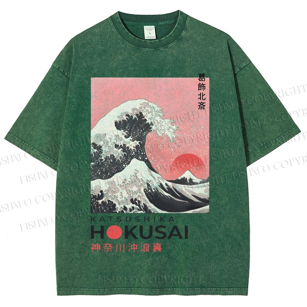 Unisex Katsushika Hokusai Japanese Ukiyo-e Wave Printed Washed Tee
