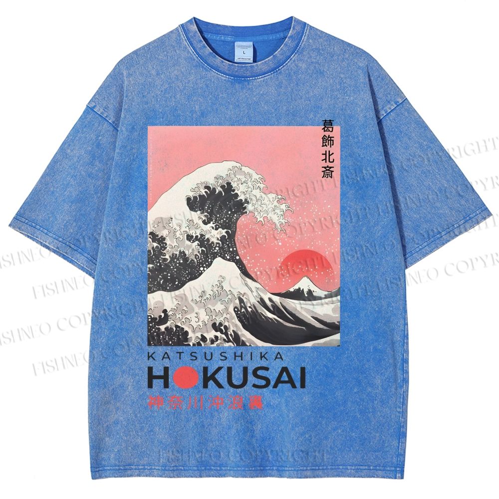 Unisex Katsushika Hokusai Japanese Ukiyo-e Wave Printed Washed Tee