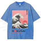Unisex Katsushika Hokusai Japanese Ukiyo-e Wave Printed Washed Tee