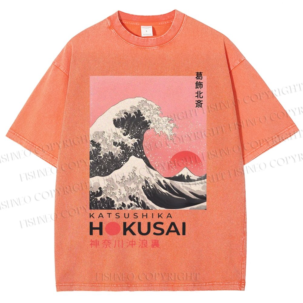 Unisex Katsushika Hokusai Japanese Ukiyo-e Wave Printed Washed Tee
