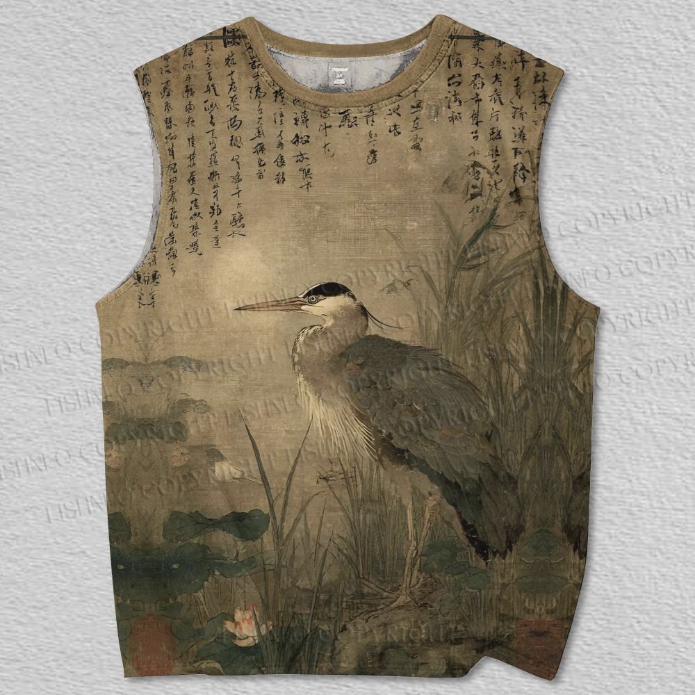 Unisex Tranquil Waters Heron in the Reeds Printed Tank Top