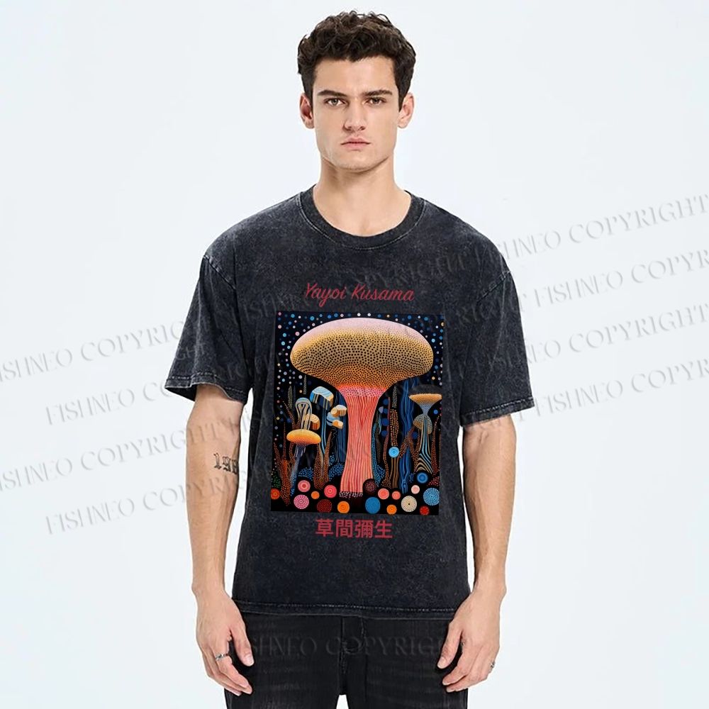 Unisex Yayoi Kusama Polka Dot Mushroom Printed Washed Tee