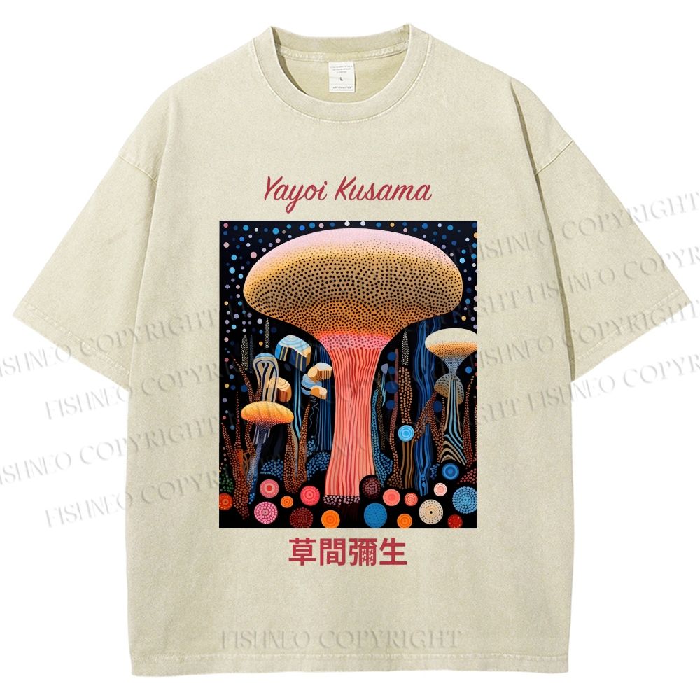Unisex Yayoi Kusama Polka Dot Mushroom Printed Washed Tee