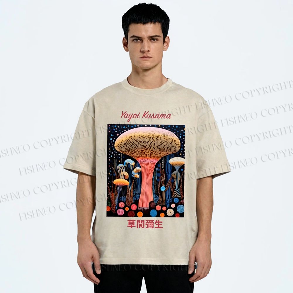 Unisex Yayoi Kusama Polka Dot Mushroom Printed Washed Tee