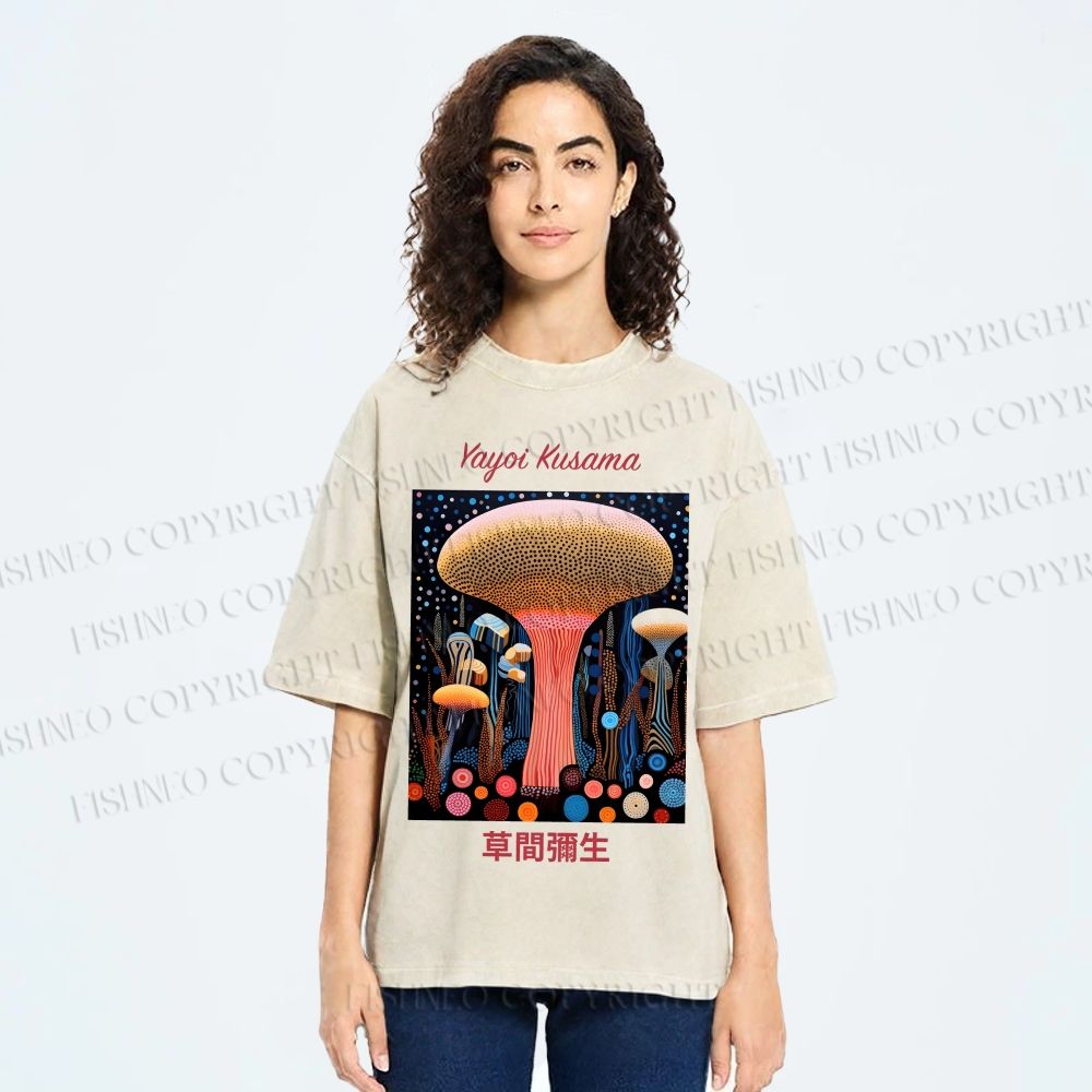 Unisex Yayoi Kusama Polka Dot Mushroom Printed Washed Tee