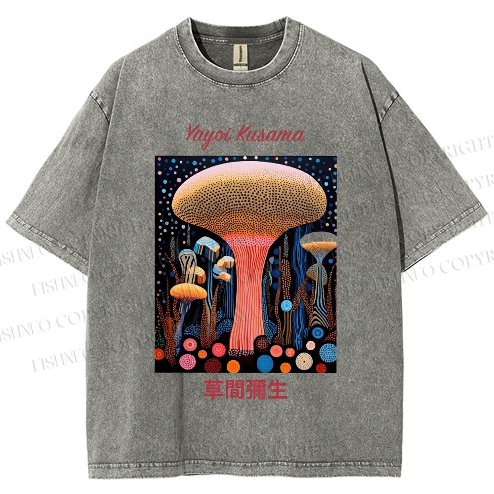 Unisex Yayoi Kusama Polka Dot Mushroom Printed Washed Tee
