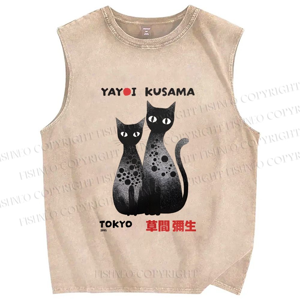 Unisex Yayoi Kusama Cat Printed Washed Tank Top