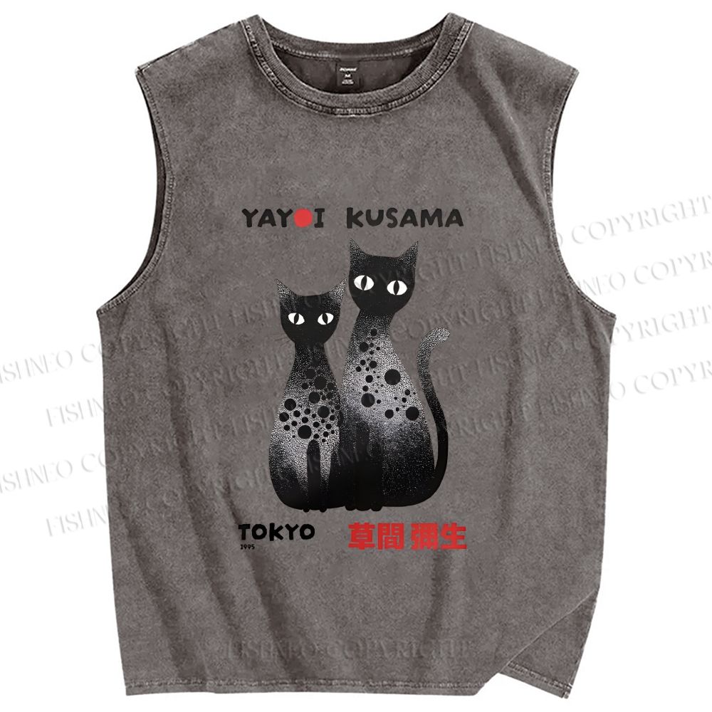 Unisex Yayoi Kusama Cat Printed Washed Tank Top