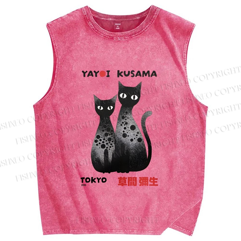 Unisex Yayoi Kusama Cat Printed Washed Tank Top