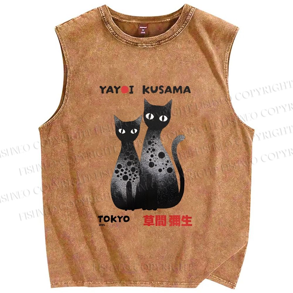 Unisex Yayoi Kusama Cat Printed Washed Tank Top
