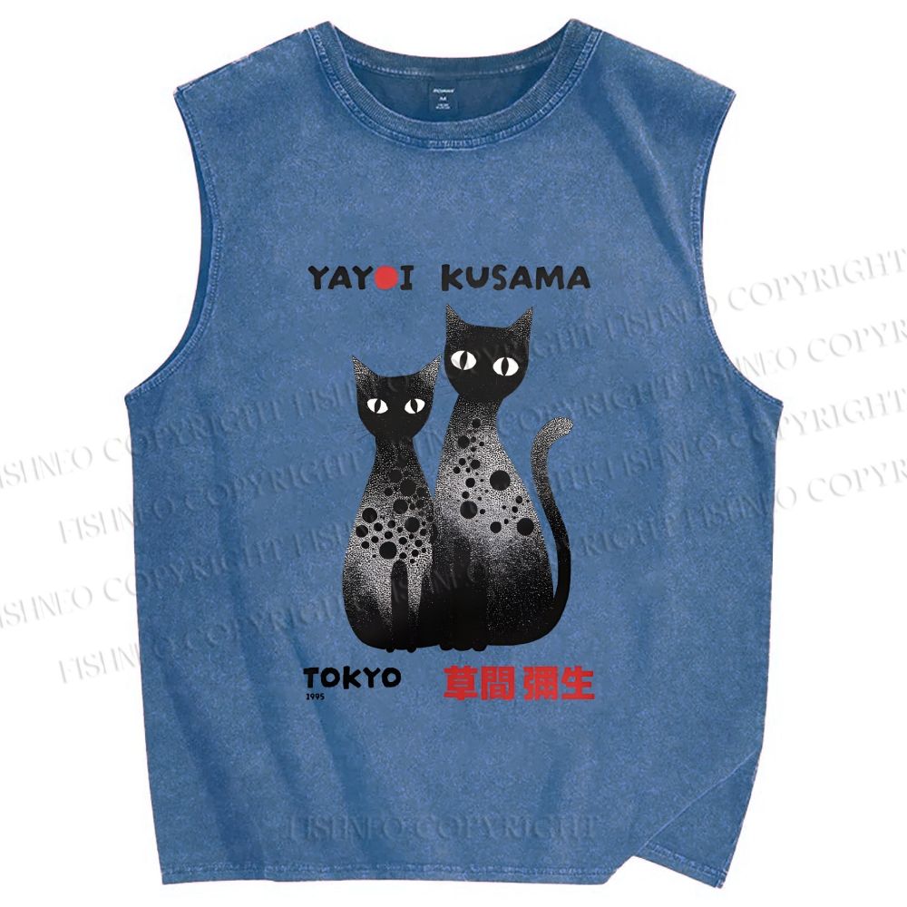 Unisex Yayoi Kusama Cat Printed Washed Tank Top