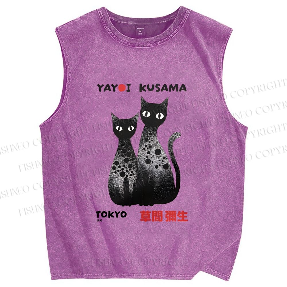 Unisex Yayoi Kusama Cat Printed Washed Tank Top
