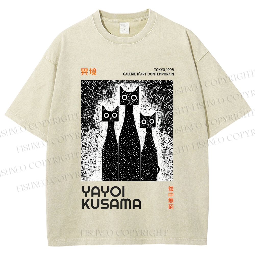 Unisex Yayoi Kusama Cat Printed Washed Tee