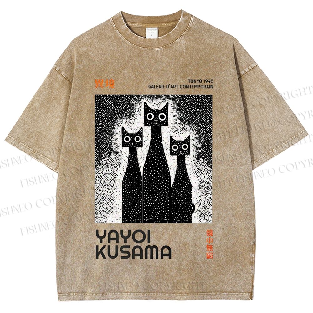 Unisex Yayoi Kusama Cat Printed Washed Tee