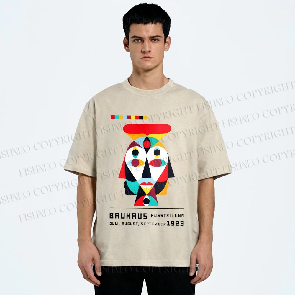 Unisex Bauhaus Geometric Artistic Face Printed Washed Tee