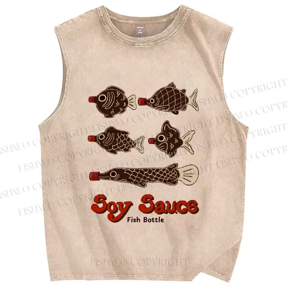 Unisex Soy Sauce Japanese Fish Printed Washed Tank Top