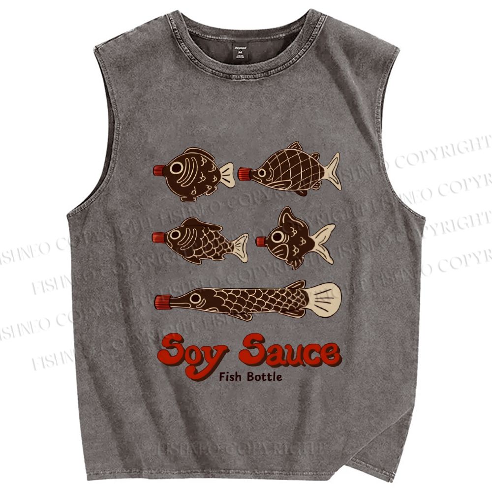 Unisex Soy Sauce Japanese Fish Printed Washed Tank Top